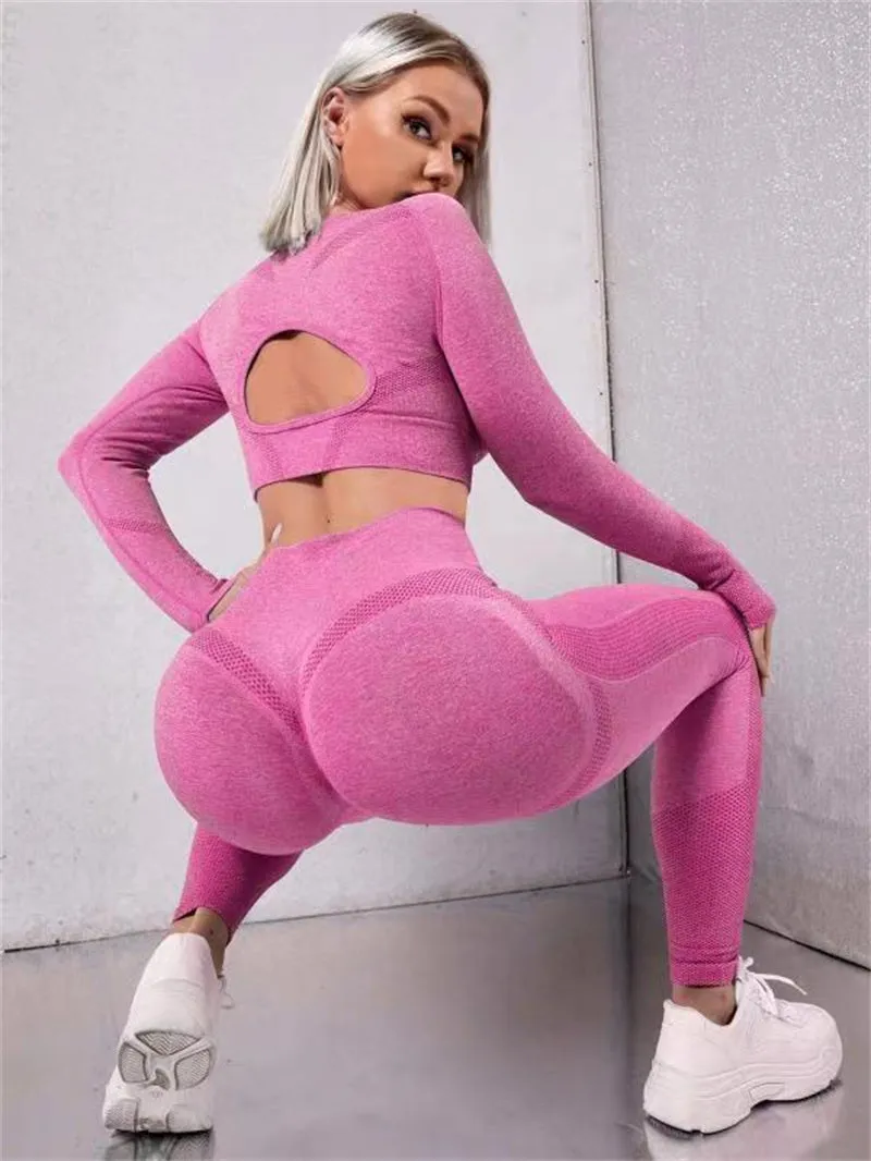 2pcs Sports Suits: Hollow Design Long Sleeve Tops & Butt-Lifting High Waist Leggings.