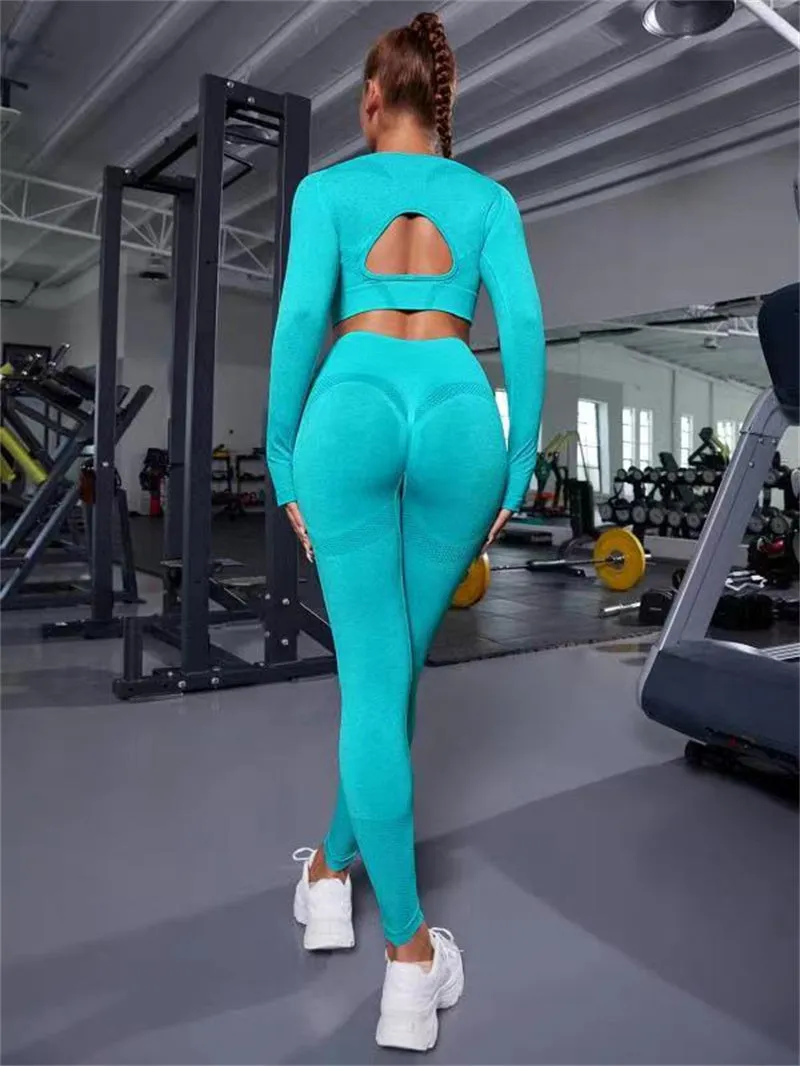 2pcs Sports Suits: Hollow Design Long Sleeve Tops & Butt-Lifting High Waist Leggings.