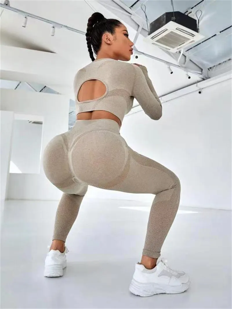 2pcs Sports Suits: Hollow Design Long Sleeve Tops & Butt-Lifting High Waist Leggings.