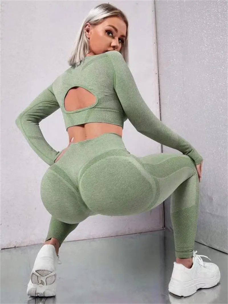 2pcs Sports Suits: Hollow Design Long Sleeve Tops & Butt-Lifting High Waist Leggings.