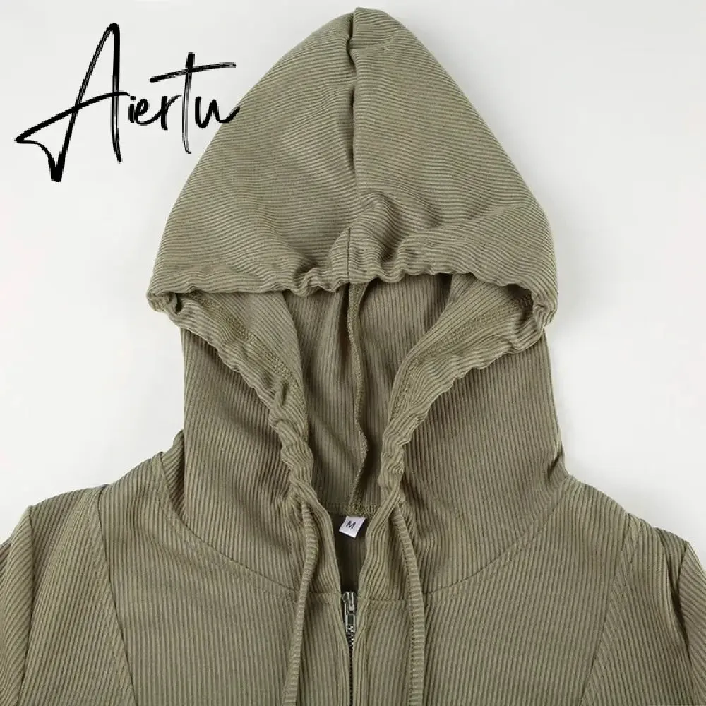 Aiertu  Casual Streetwear Hooded Split Jackets Basic Solid Slim Zipper Long Sleeve Coats Women  Autumn Winter Fashion Lady