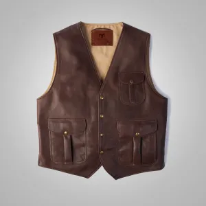 Brown Men Multi Pocket Style Buckskin Vest