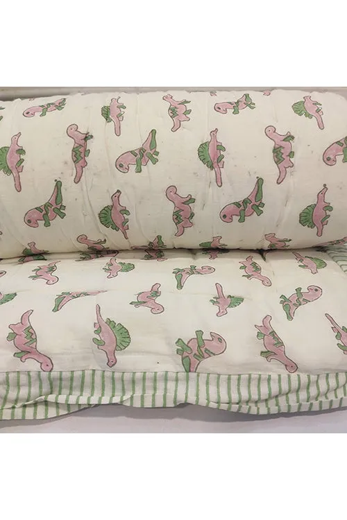 Earthen Nest Hand Block Printed Cotton Kids Quilt- Baby Dino