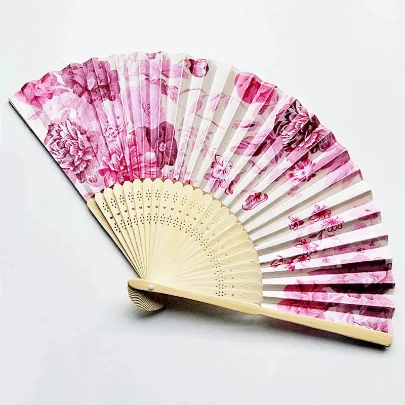 Elegant Foldable Bamboo Hand Fans with Floral Print - Ideal for Weddings, Parties, and Performances