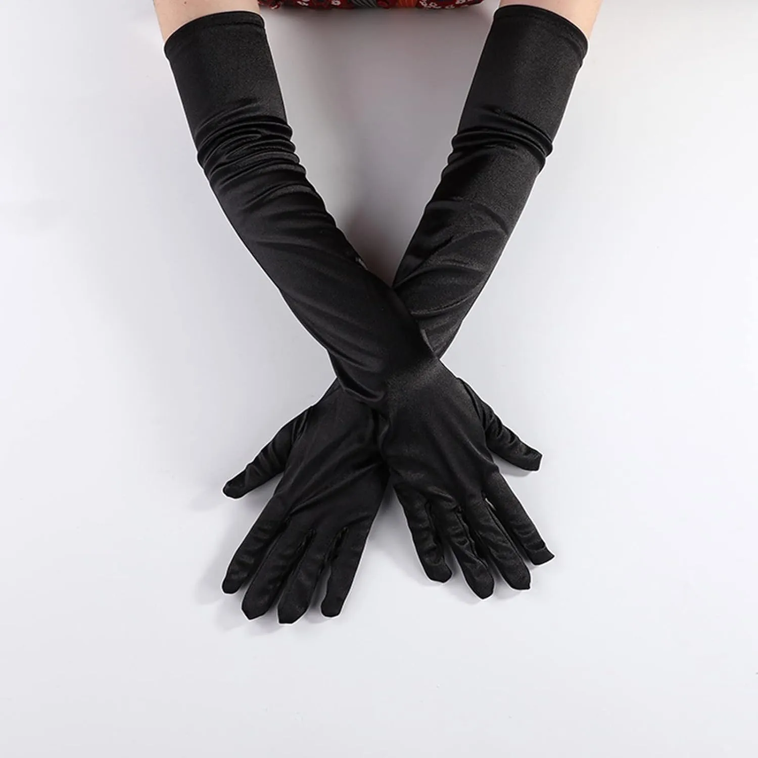 FancyDressWale Long Satin Gloves for Women 55 cm, Elegant Opera Party Gloves, Elbow-Length Finger Gloves for Dance, Costume, and Cosplay