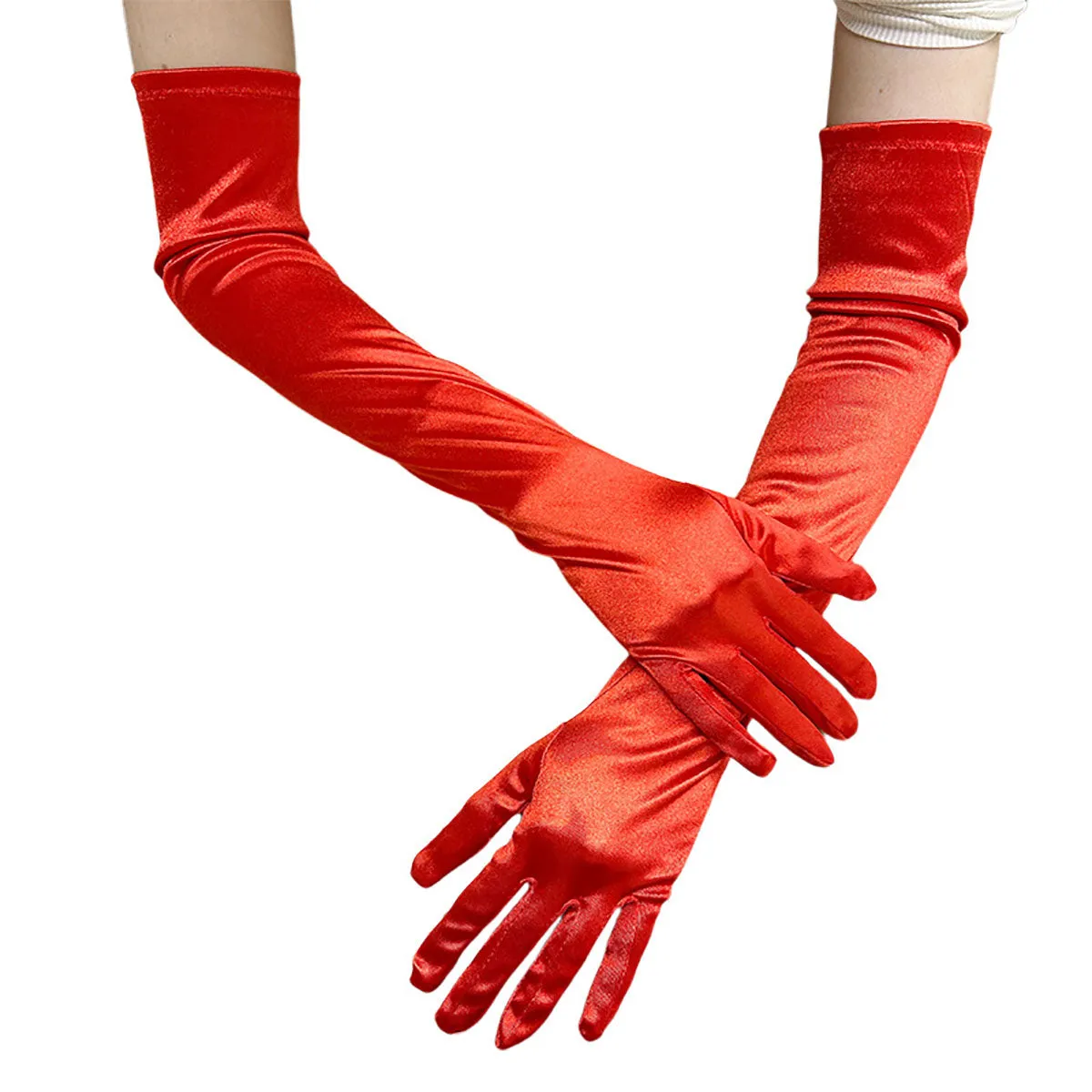 FancyDressWale Long Satin Gloves for Women 55 cm, Elegant Opera Party Gloves, Elbow-Length Finger Gloves for Dance, Costume, and Cosplay