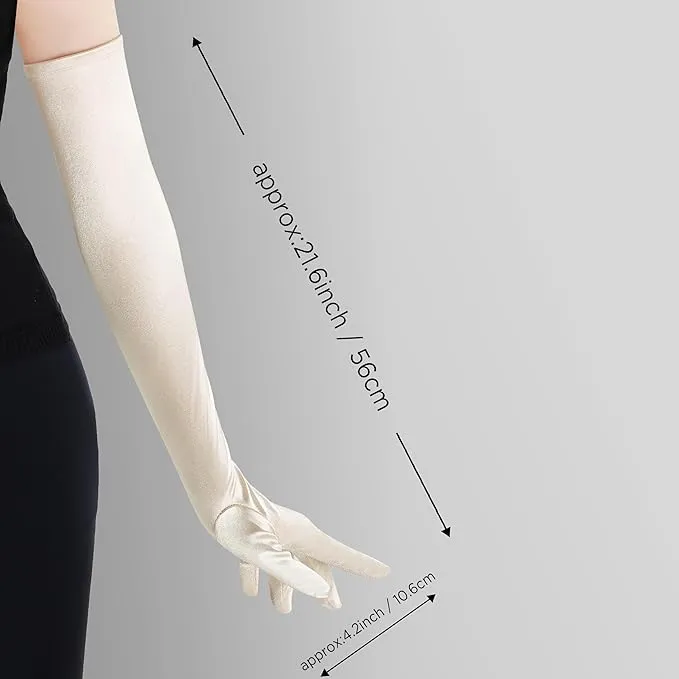 FancyDressWale Long Satin Gloves for Women 55 cm, Elegant Opera Party Gloves, Elbow-Length Finger Gloves for Dance, Costume, and Cosplay