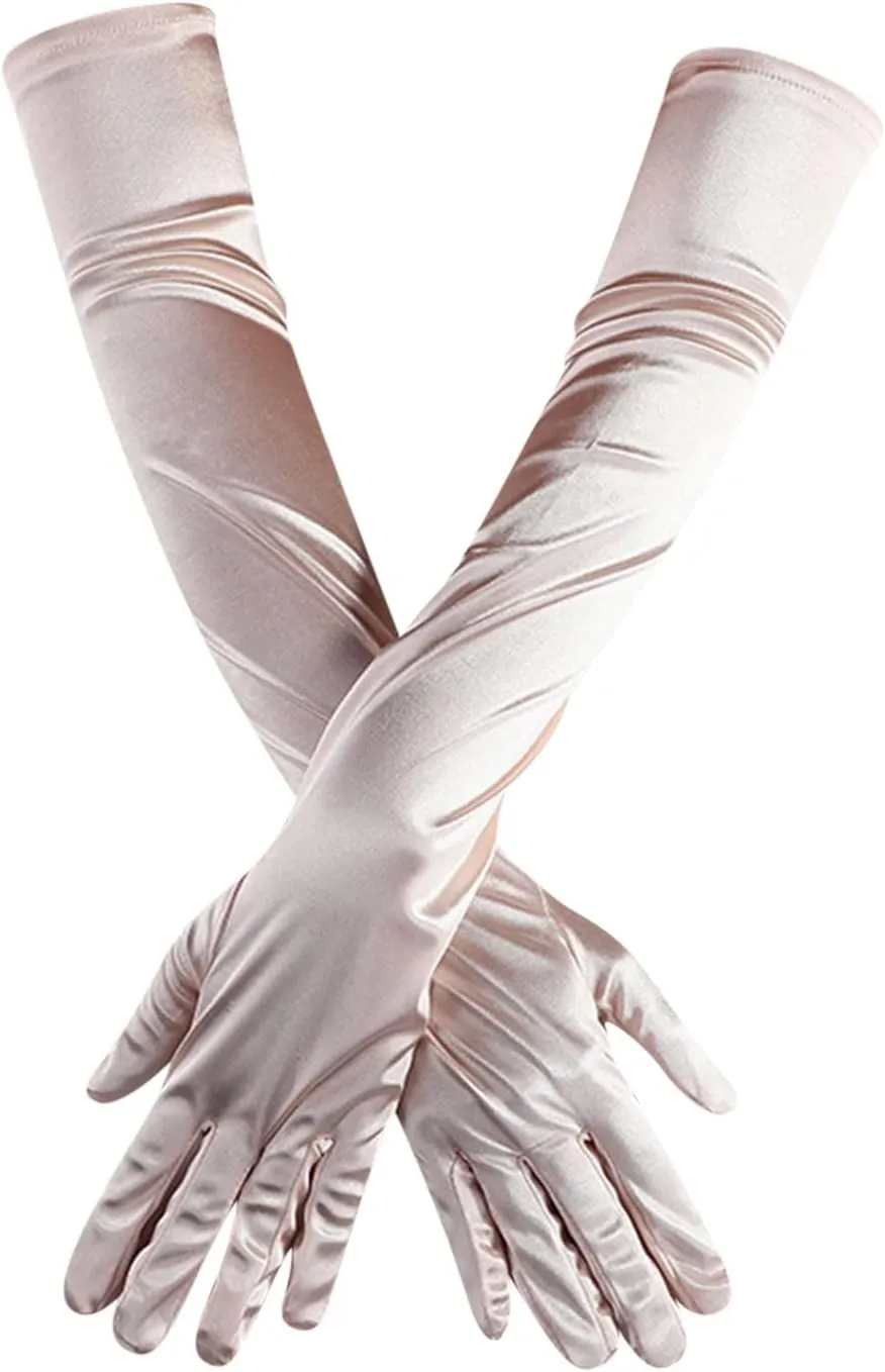 FancyDressWale Long Satin Gloves for Women 55 cm, Elegant Opera Party Gloves, Elbow-Length Finger Gloves for Dance, Costume, and Cosplay