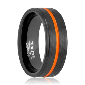 FIERCE | Black Tungsten Ring, Hammered, Orange Groove, Stepped Edge