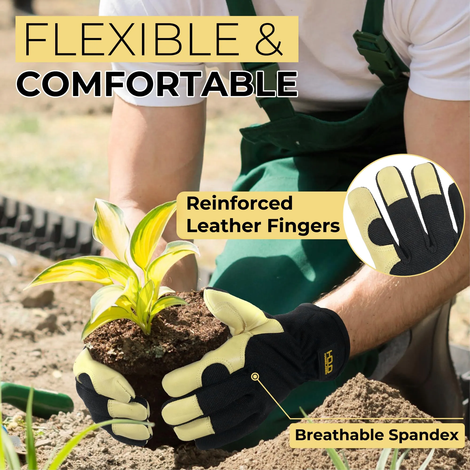 HANDLANDY Gardening Gloves for Men, Goatskin Gloves Utility Breathable Leather Working Gloves for Yard  Work Weeding Construction Driver 12117/12118