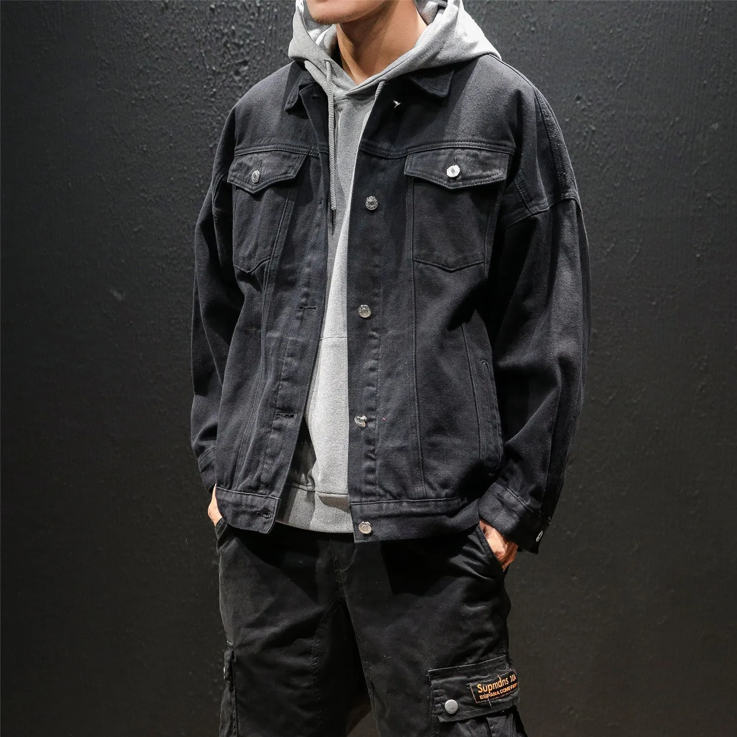 Japanese Streetwear Style Black Denim Jacket