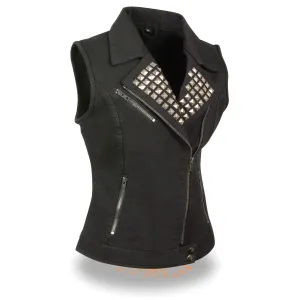 Milwaukee Leather MDL4030 Women's Black Denim Zipper Front Motorcycle Vest with Studded Spikes