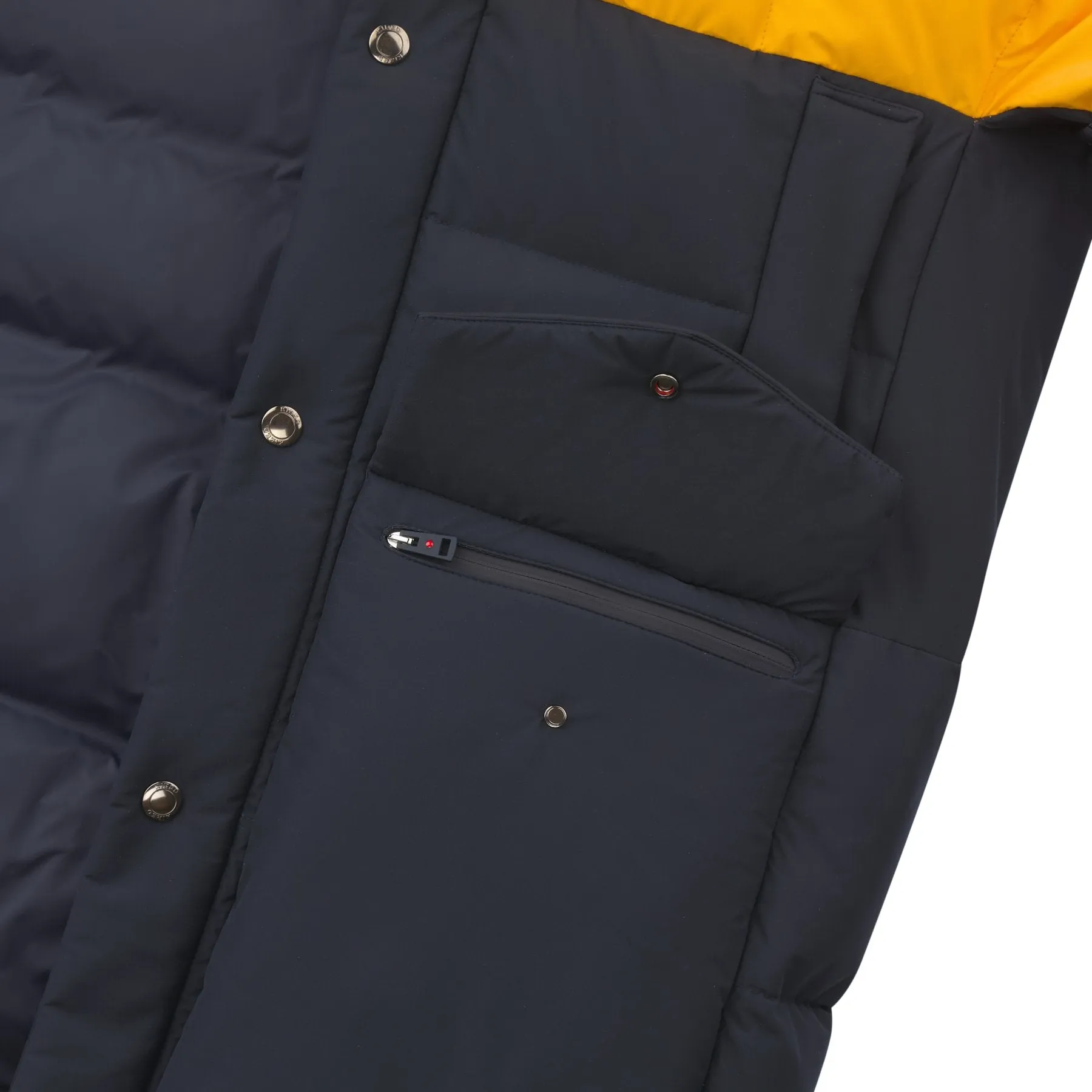 Quilted Shell Hooded Down Jacket in Yellow and Dark Blue