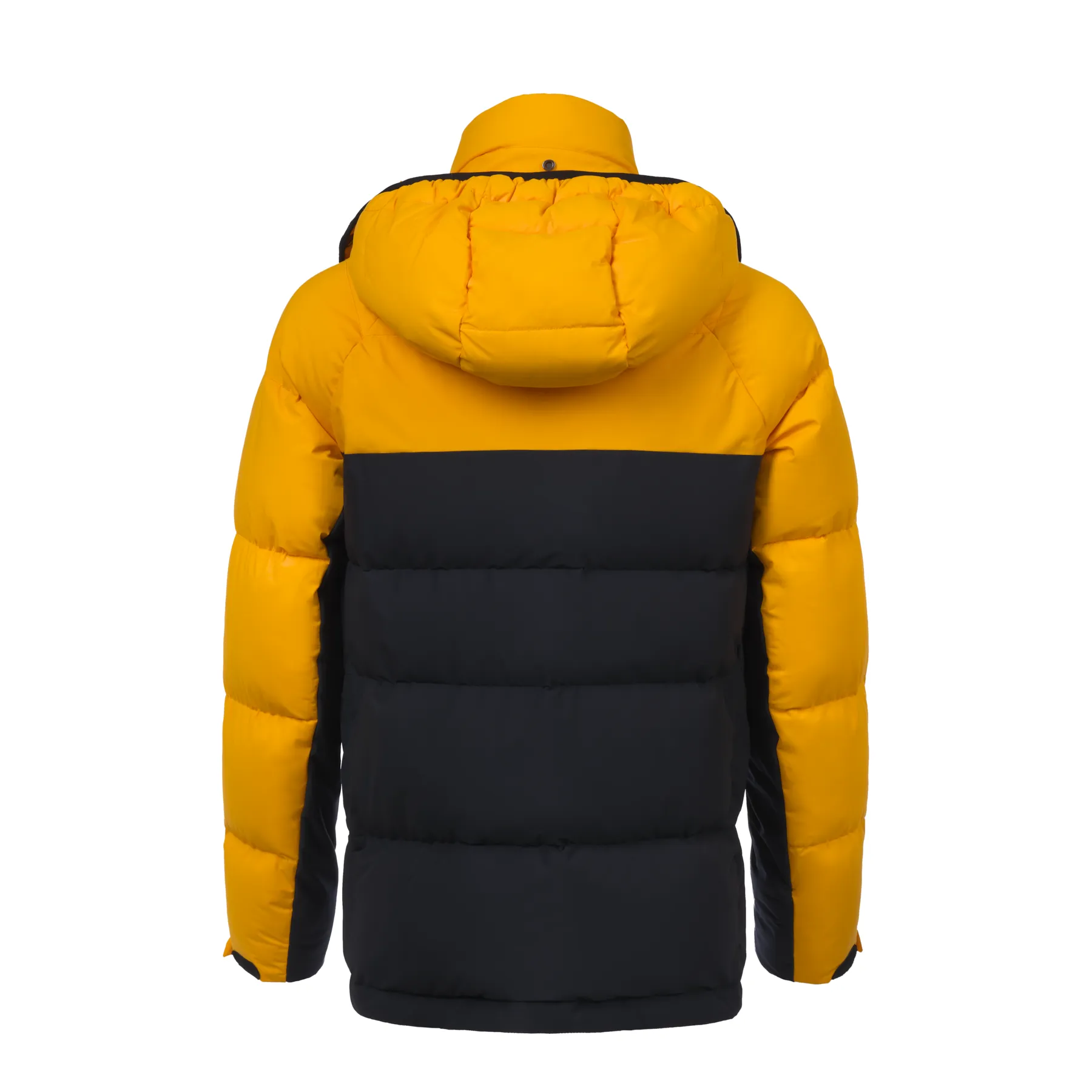 Quilted Shell Hooded Down Jacket in Yellow and Dark Blue