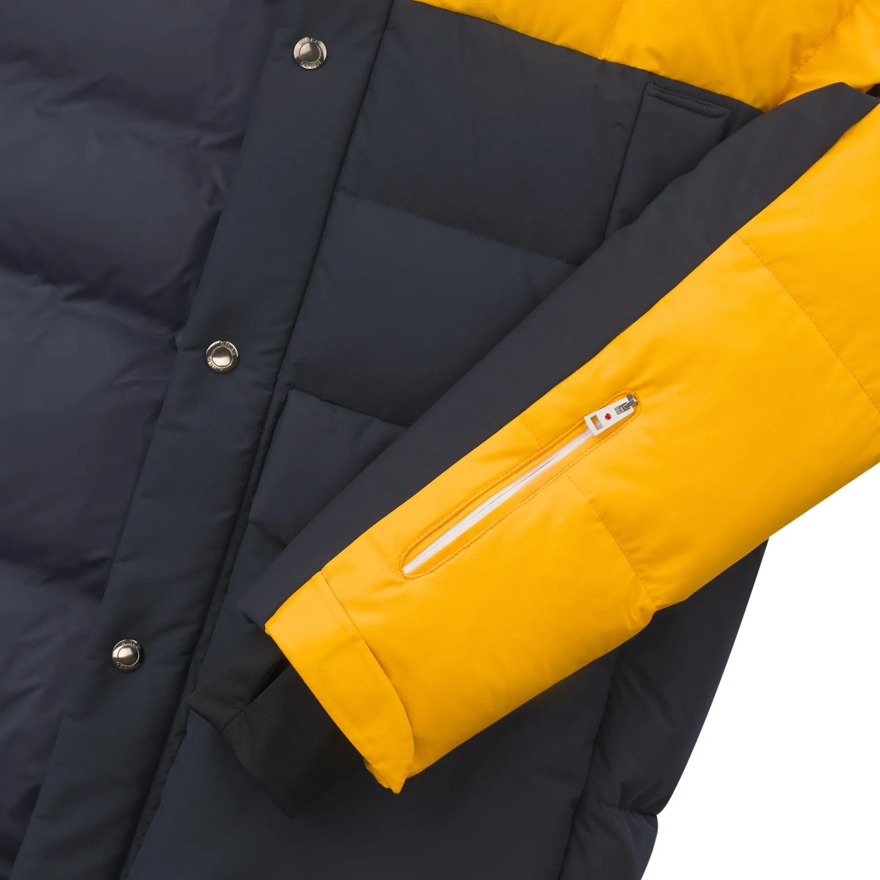 Quilted Shell Hooded Down Jacket in Yellow and Dark Blue