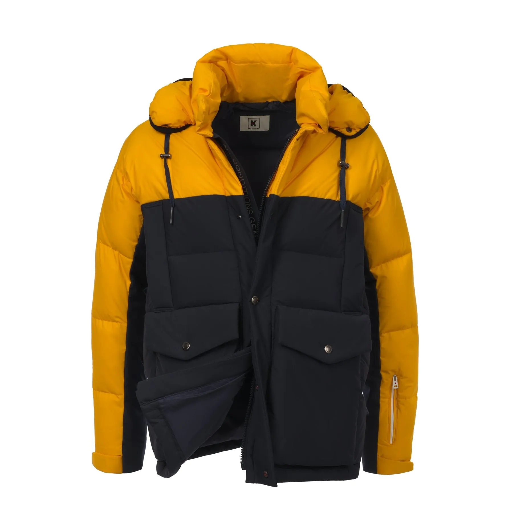 Quilted Shell Hooded Down Jacket in Yellow and Dark Blue