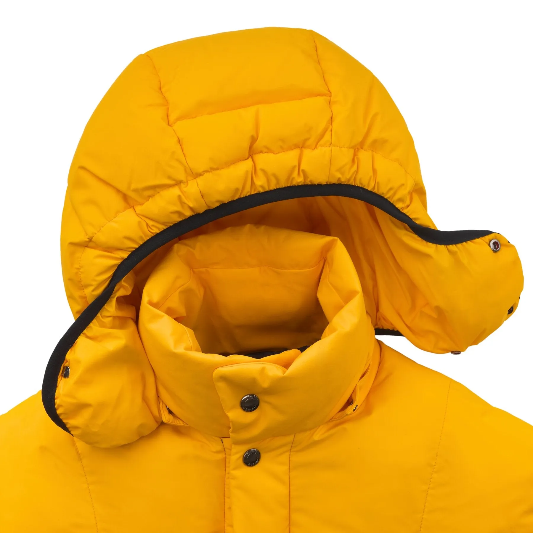 Quilted Shell Hooded Down Jacket in Yellow and Dark Blue