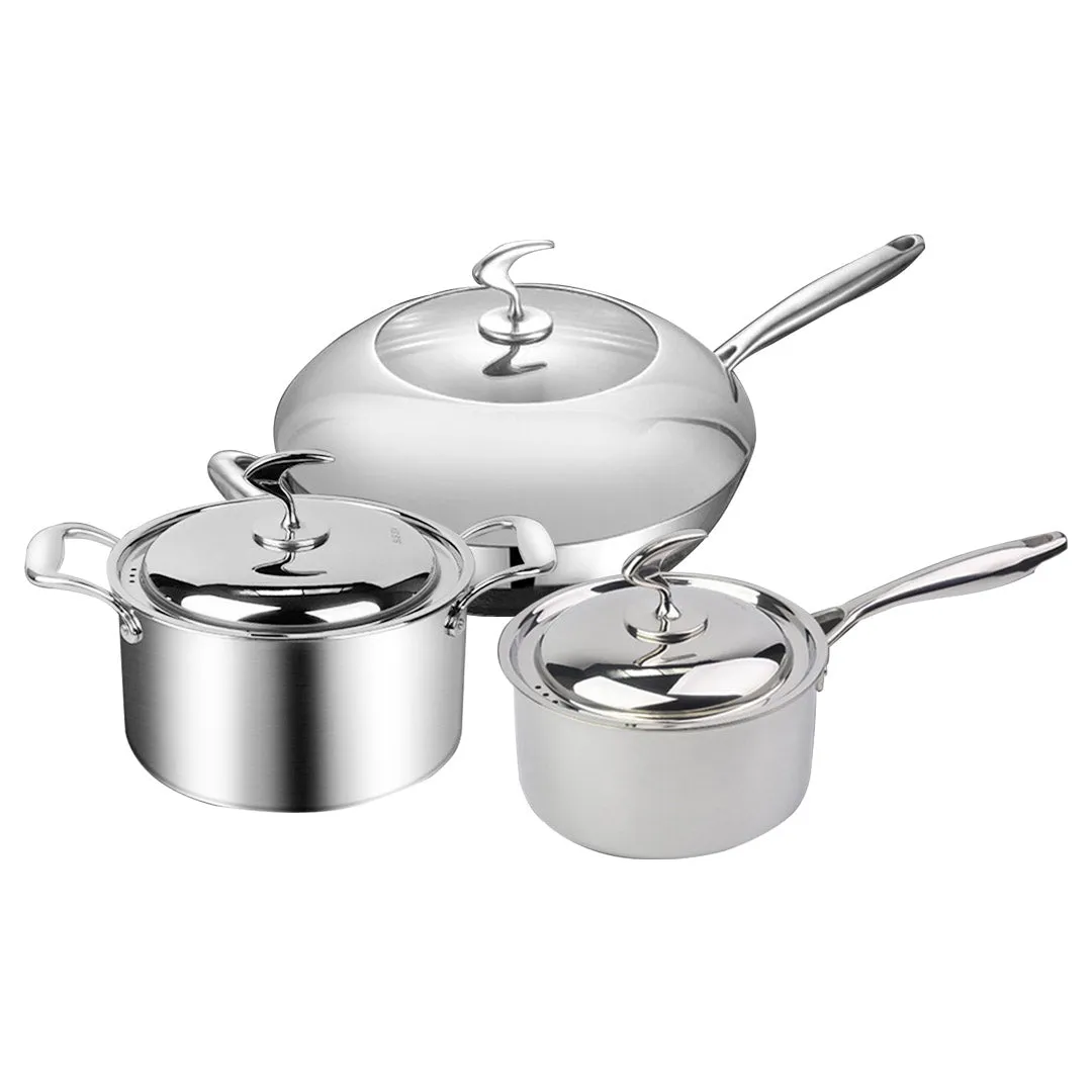 SOGA 6 Piece Cookware Set 18/10 Stainless Steel 3-Ply Frying Pan, Milk, and Soup Pot with Lid