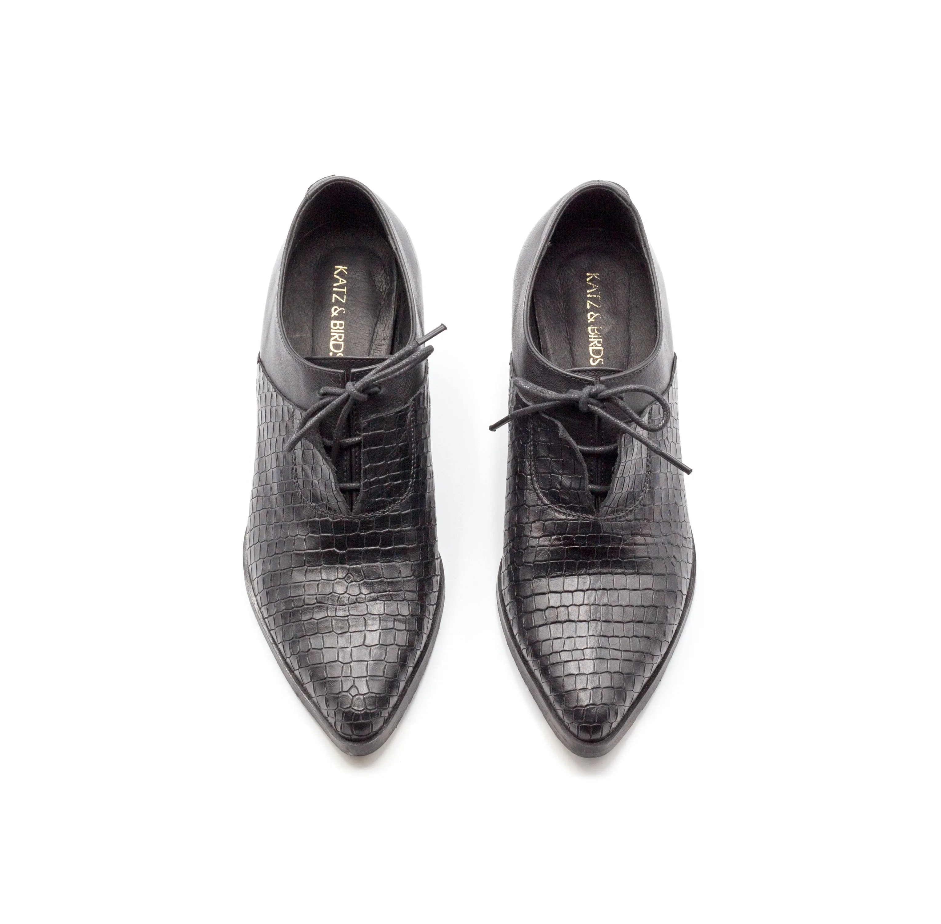 Tamarix- Snake Skin Heeled Oxfords, Black Shoes