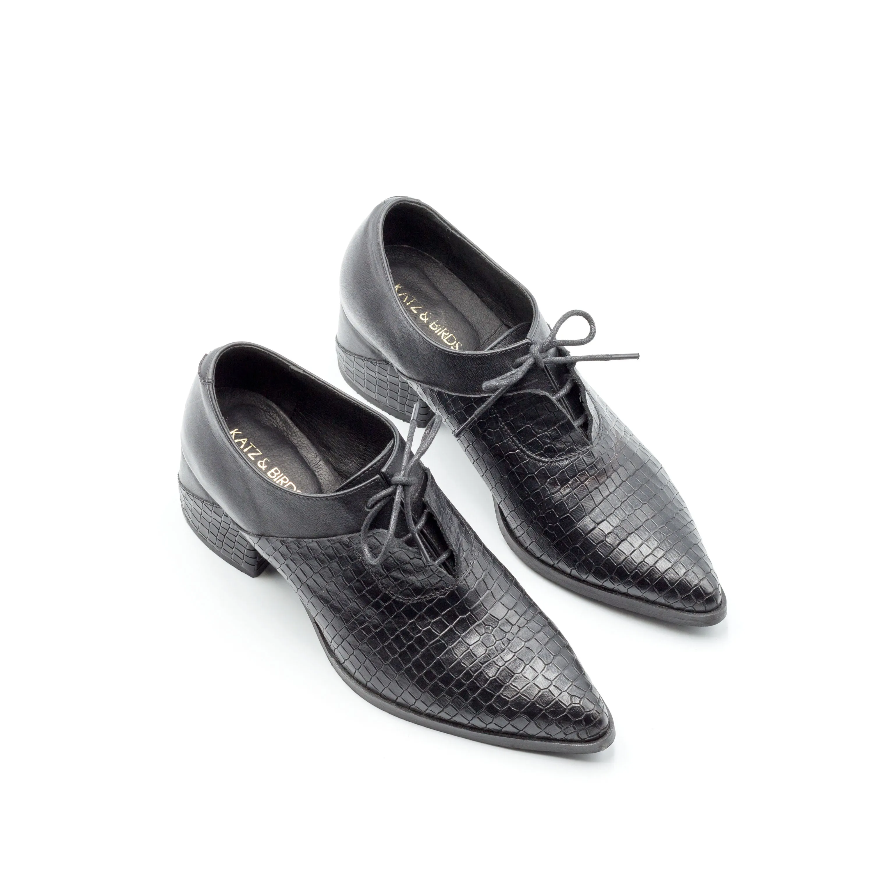 Tamarix- Snake Skin Heeled Oxfords, Black Shoes