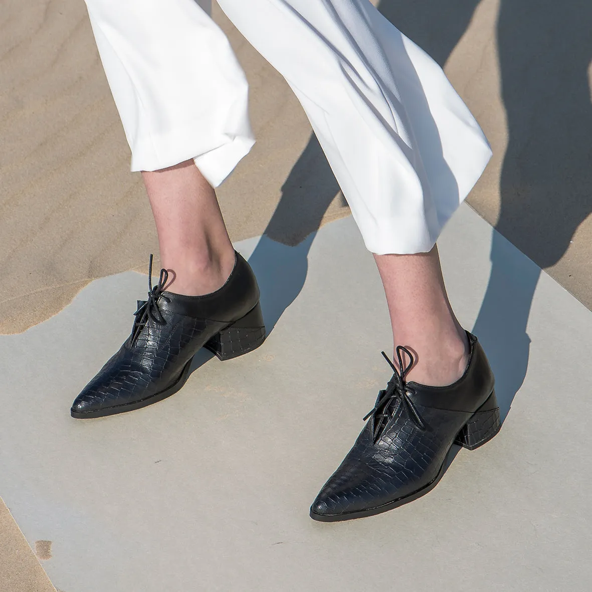 Tamarix- Snake Skin Heeled Oxfords, Black Shoes