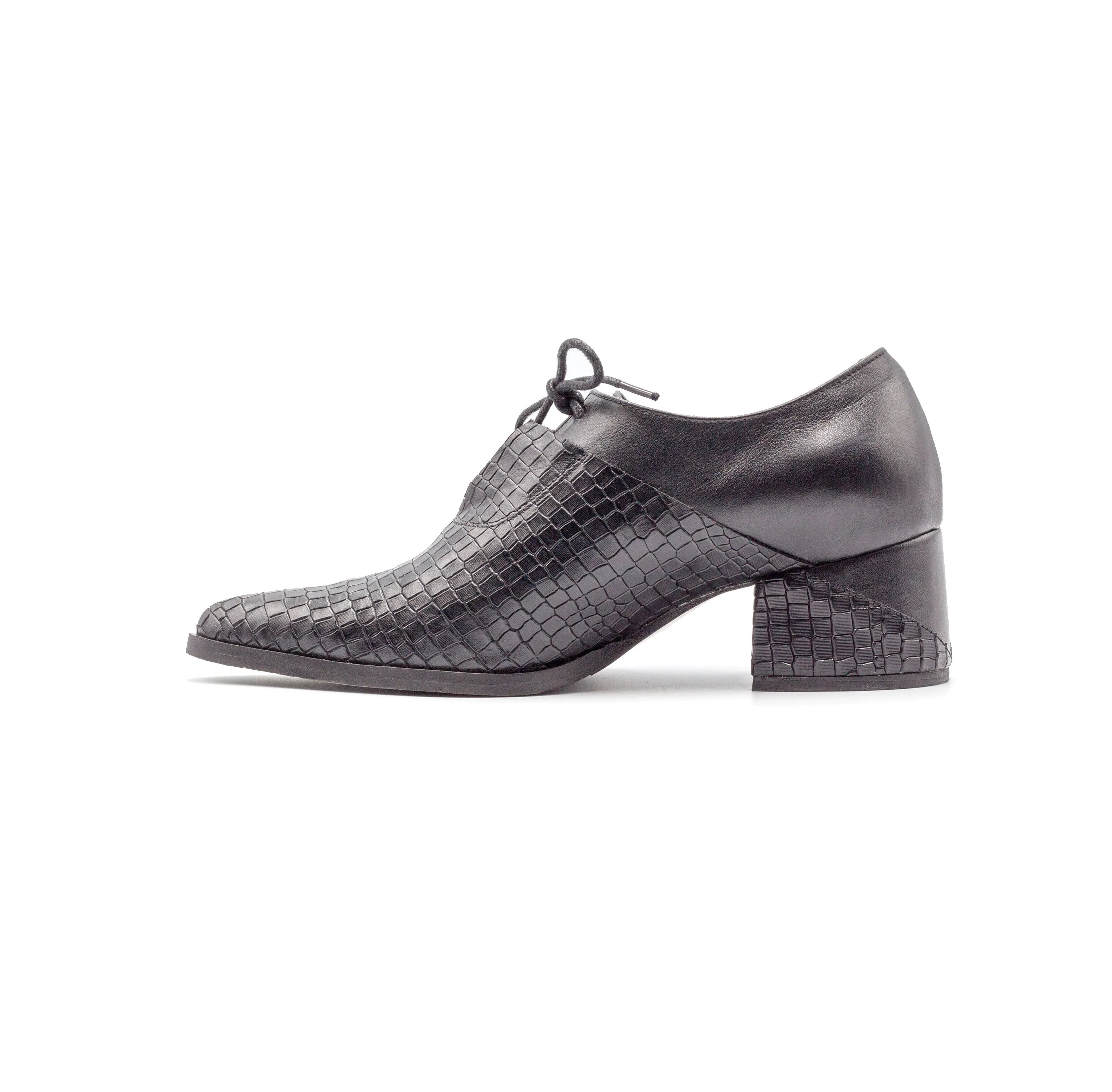 Tamarix- Snake Skin Heeled Oxfords, Black Shoes