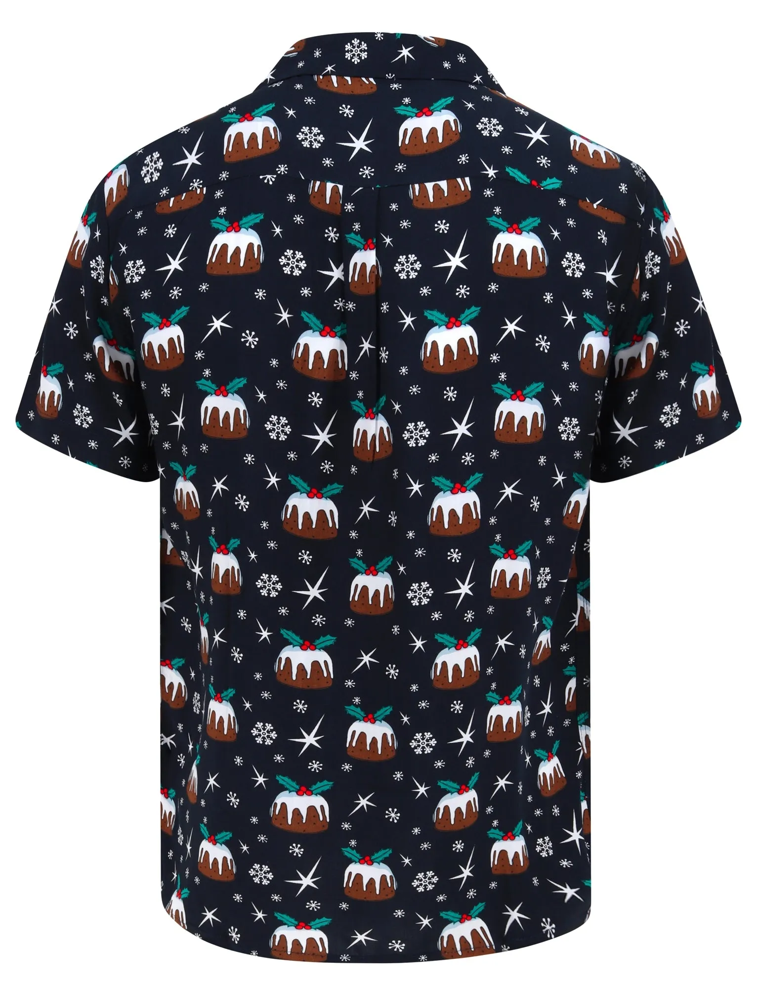 Valen Christmas Pudding Print Novelty Christmas Shirt in Navy - Season’s Greetings