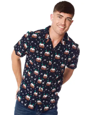 Valen Christmas Pudding Print Novelty Christmas Shirt in Navy - Season’s Greetings