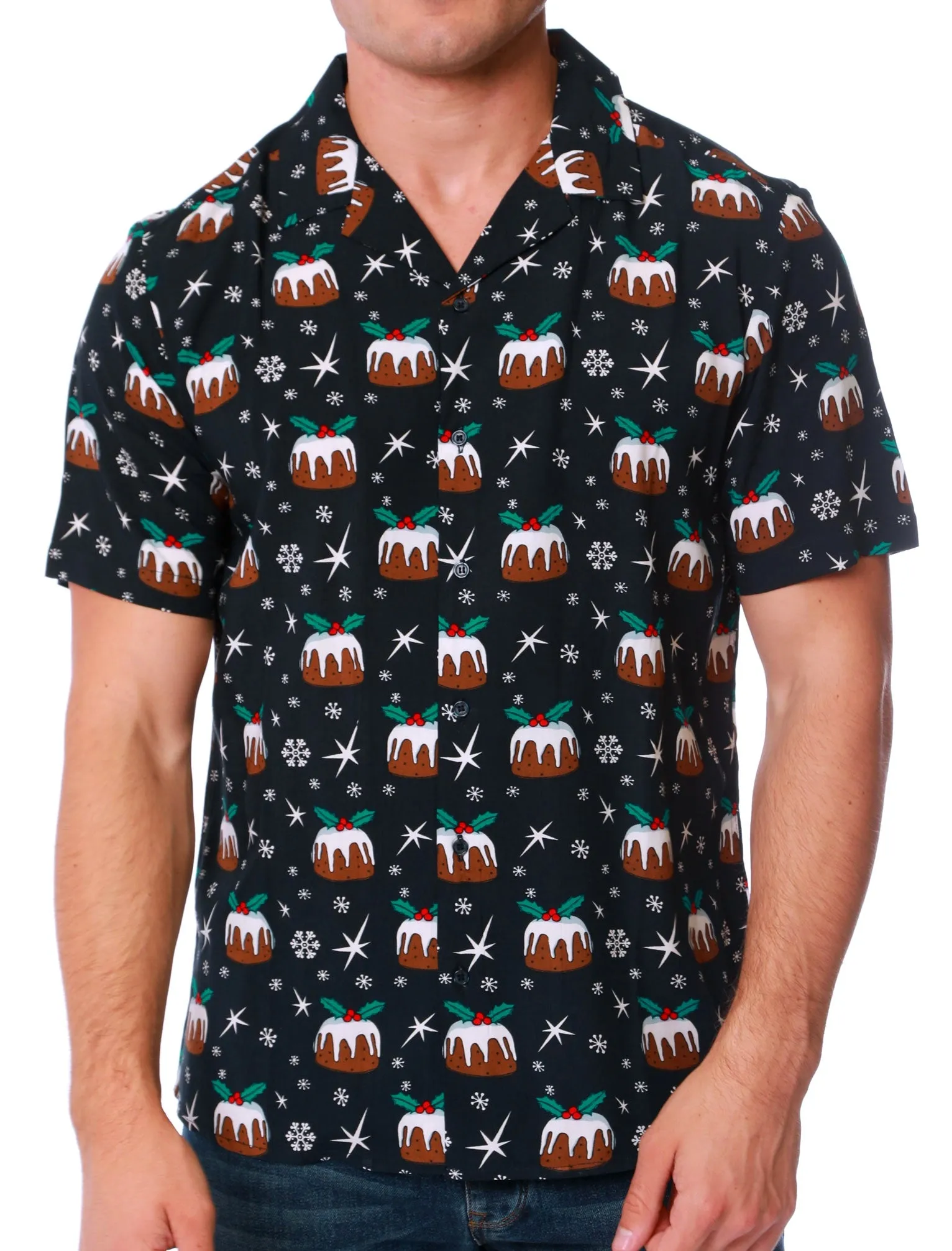 Valen Christmas Pudding Print Novelty Christmas Shirt in Navy - Season’s Greetings