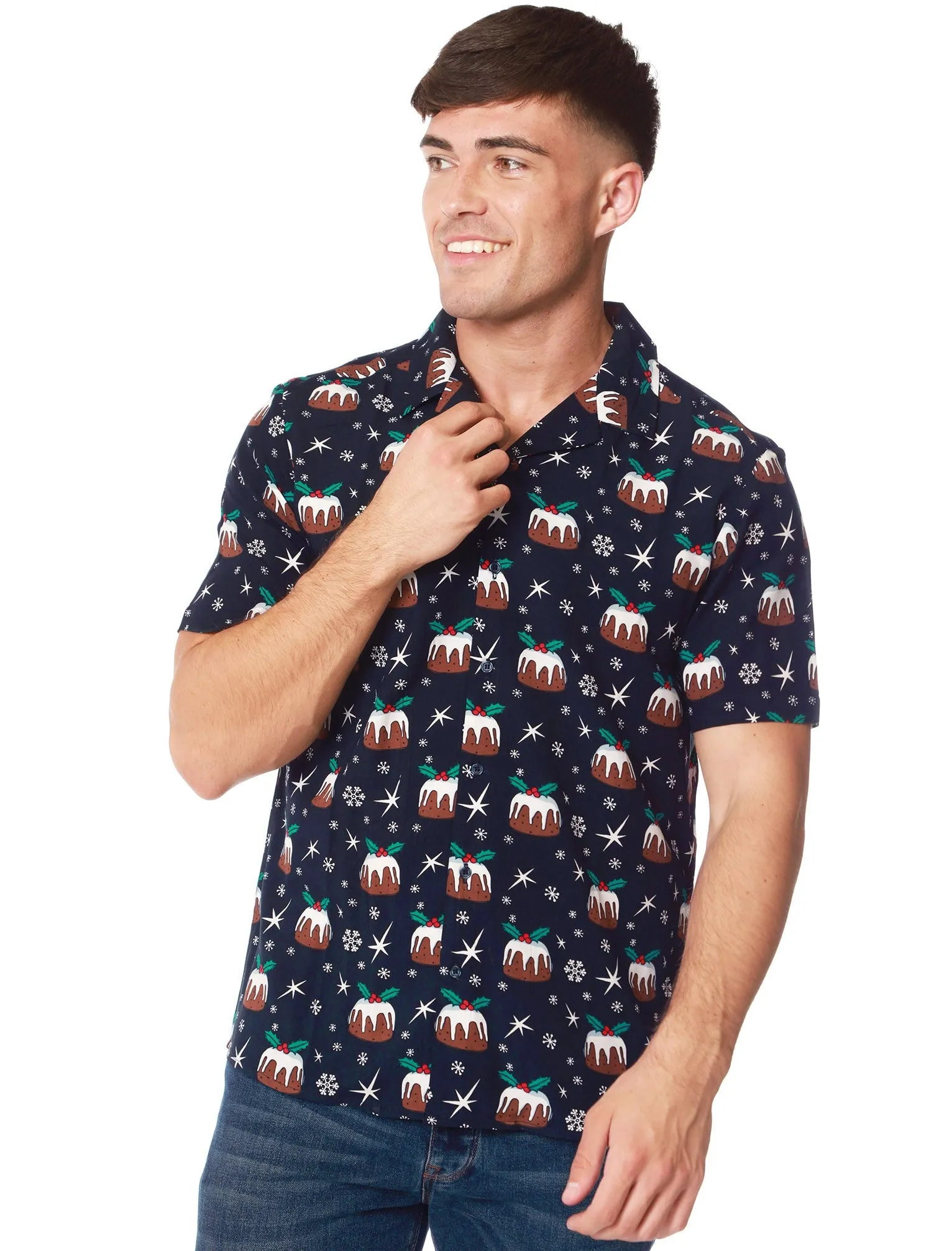 Valen Christmas Pudding Print Novelty Christmas Shirt in Navy - Season’s Greetings