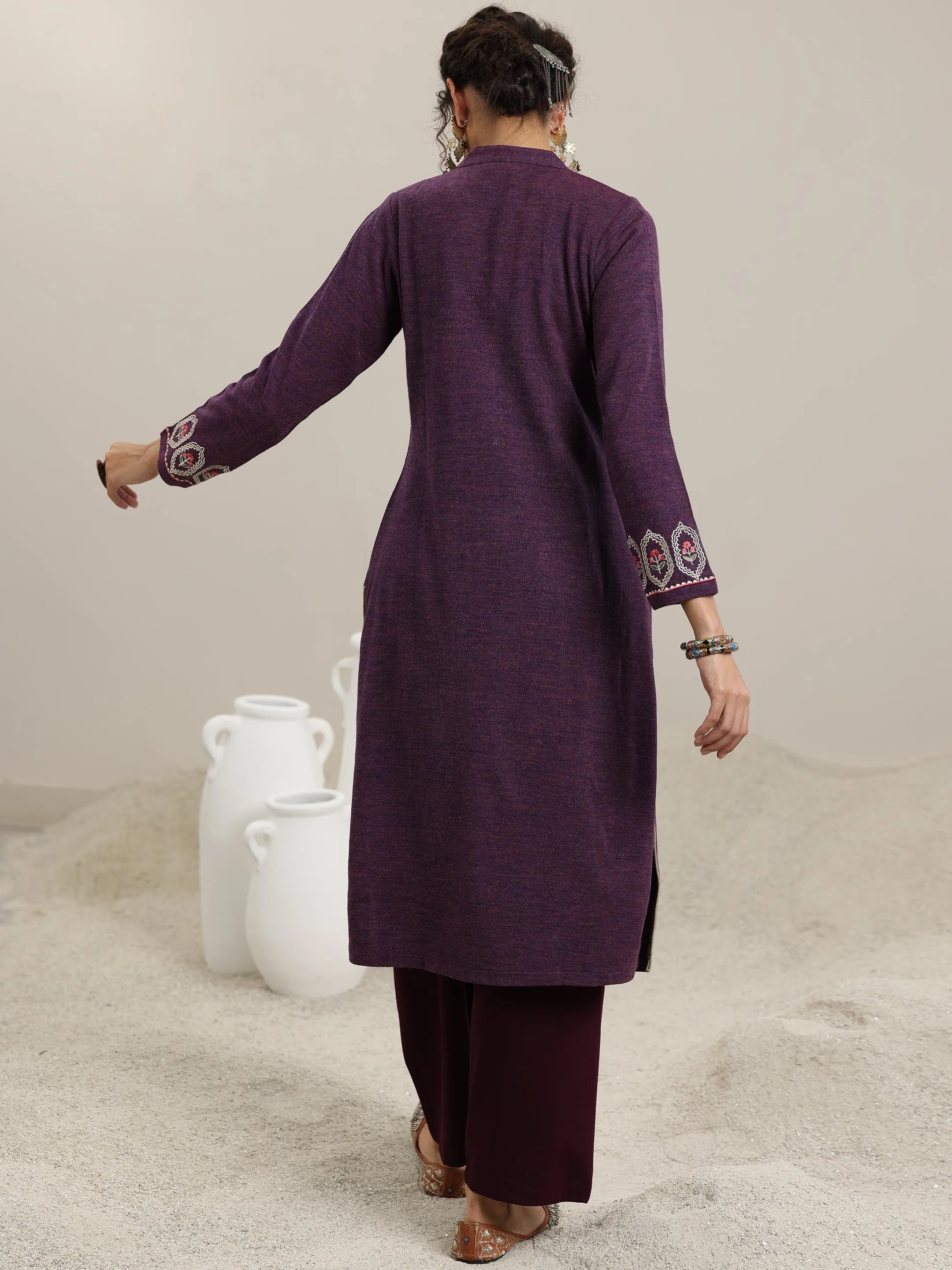 Wine Embroidered Wool Straight Kurta