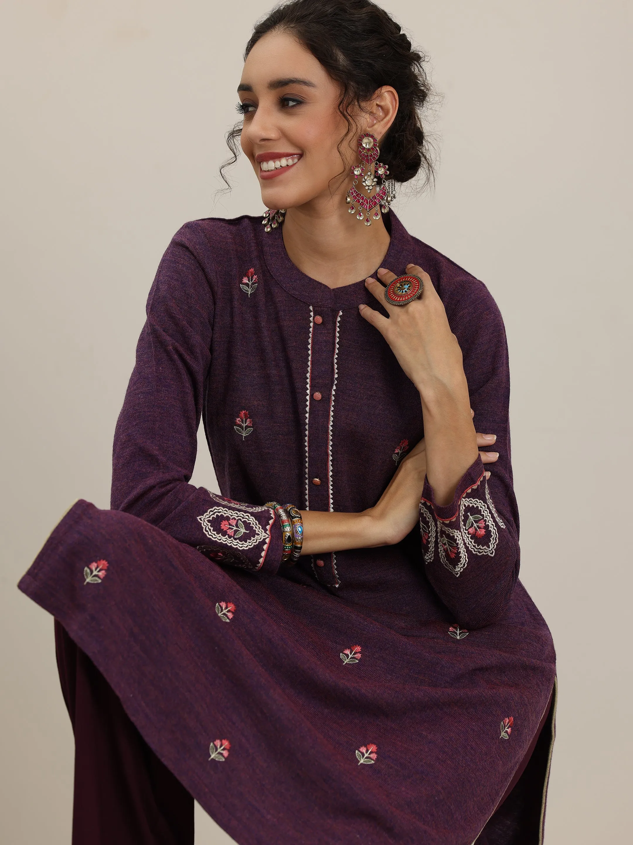 Wine Embroidered Wool Straight Kurta