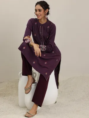 Wine Embroidered Wool Straight Kurta